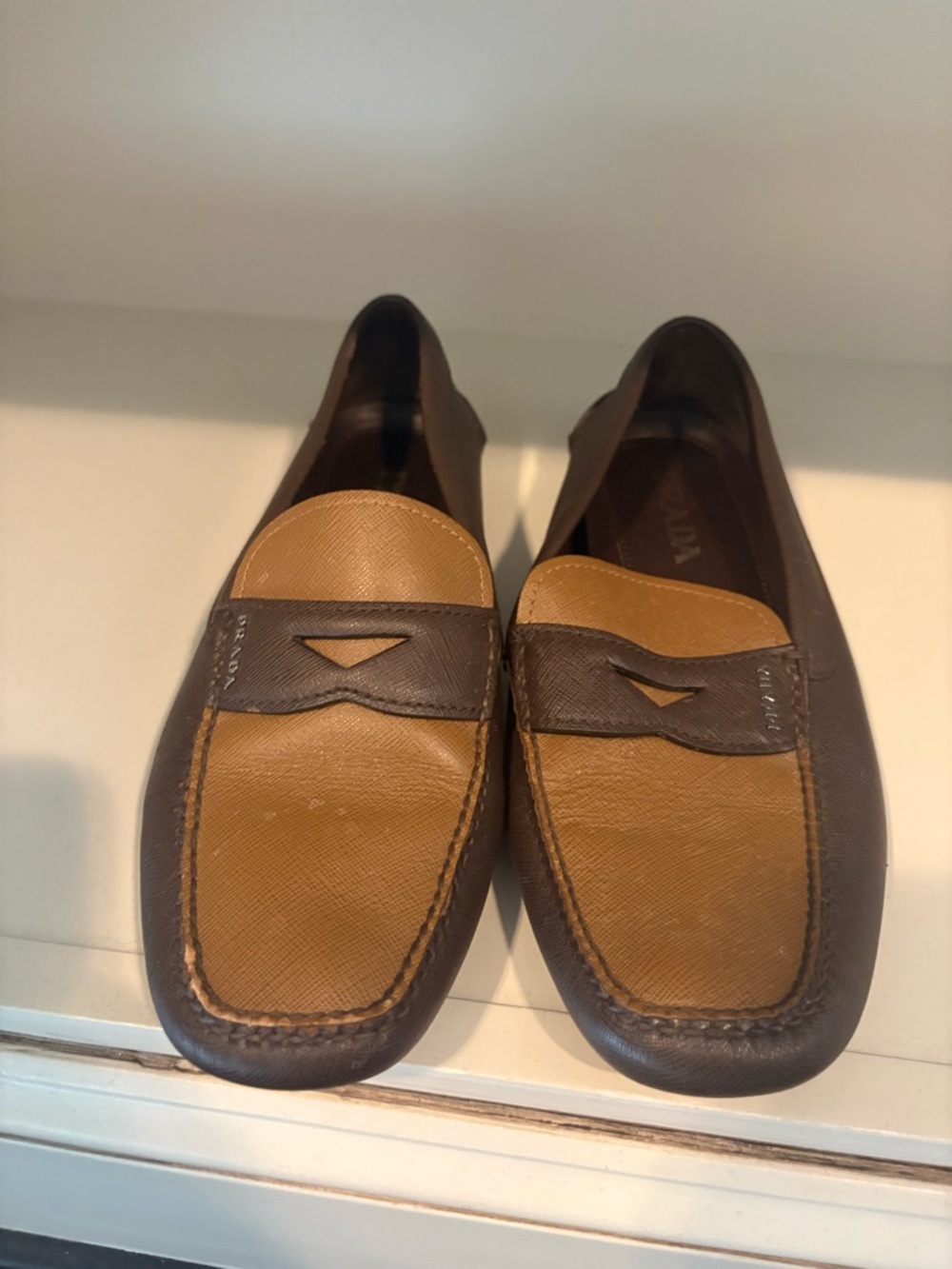 Prada Brown and Tan Leather Penny Loafers